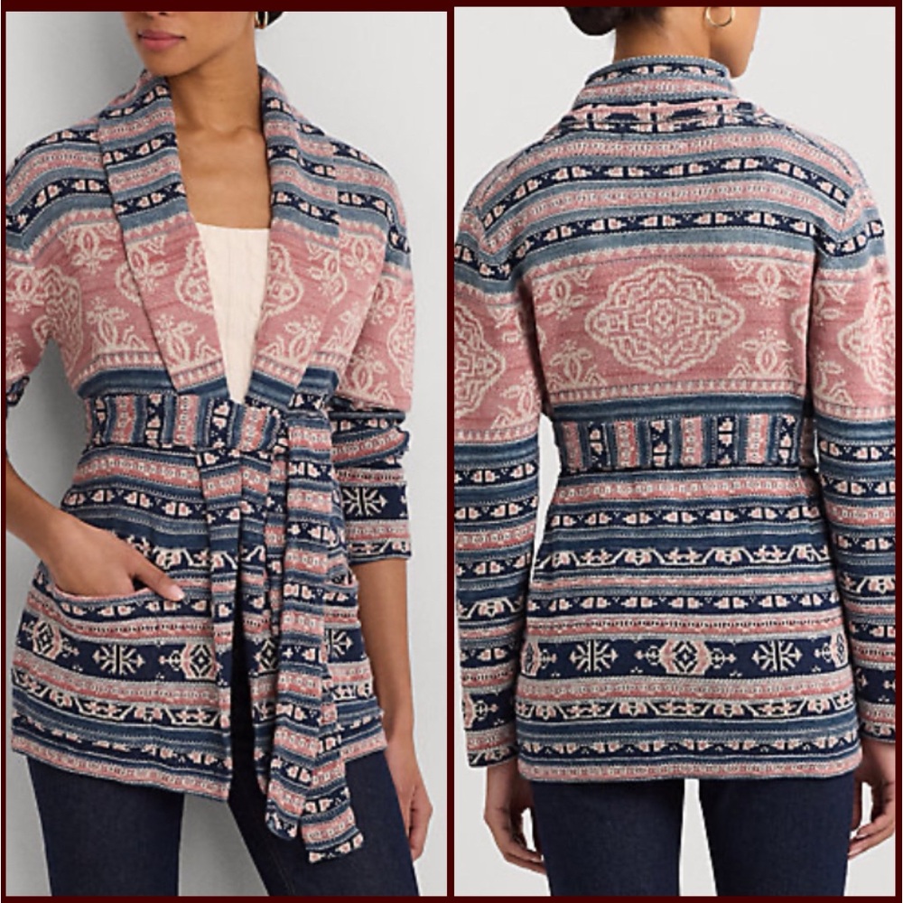 Lauren Ralph Lauren Geo-Motif Belted Linen-Cotton Cardigan